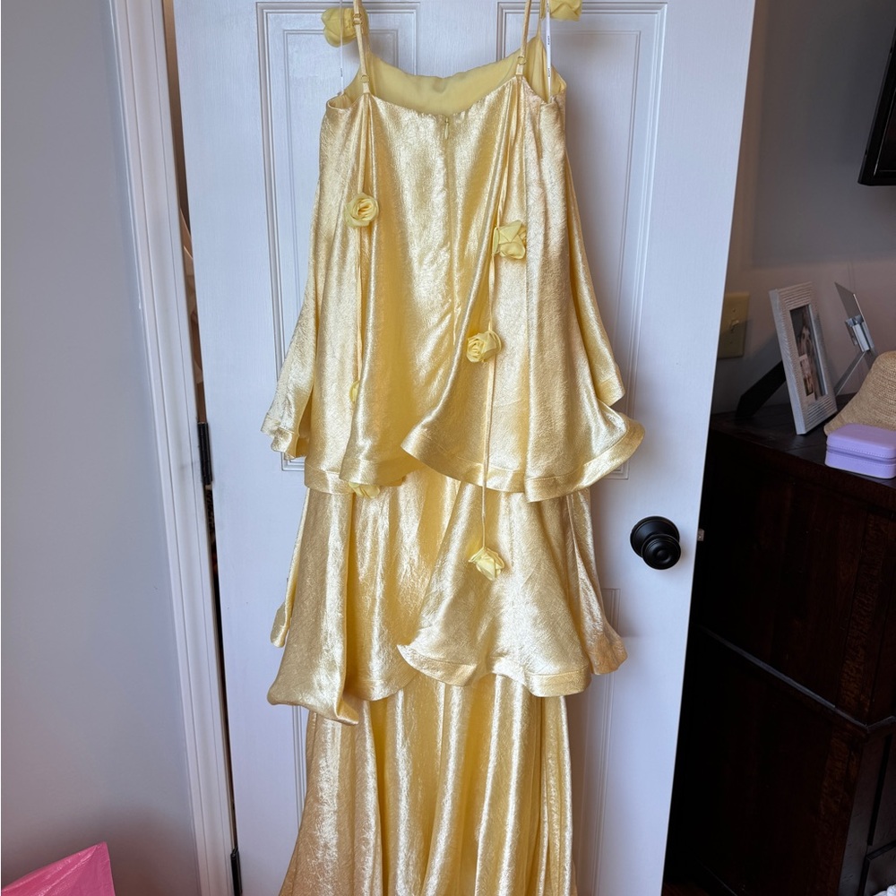 Elliatt Pale Yellow Satin Ruffle Slip Dress with Floral Strap Details - Picture 5 of 6